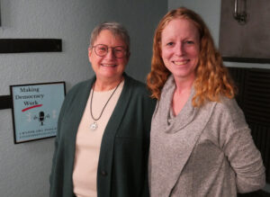 Patricia Yeager and Shelly Roehrs in the podcast studio