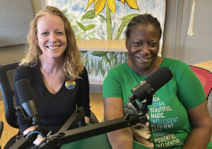 Shelly Roehrs and Angela Stevens in the podcast studio