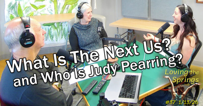 Judy Pearring in the podcast studio with Dave Gardner and Carrie Simison