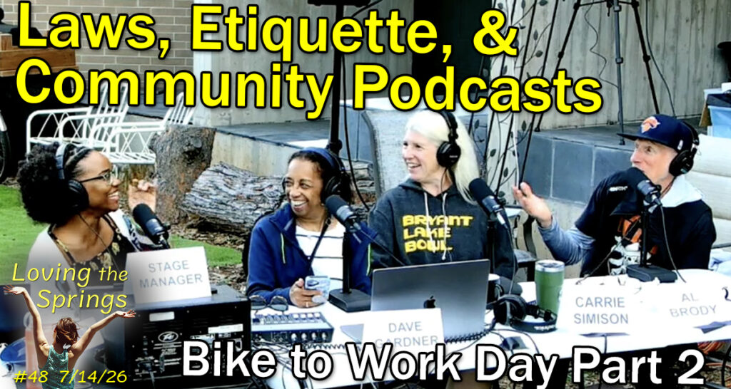 Teiona Dantzler, Shirley Martinez, Carrie Simison and Al Brody recording the podcast at Studio 809 Podcasts/ Bike to Work Day breakfast station