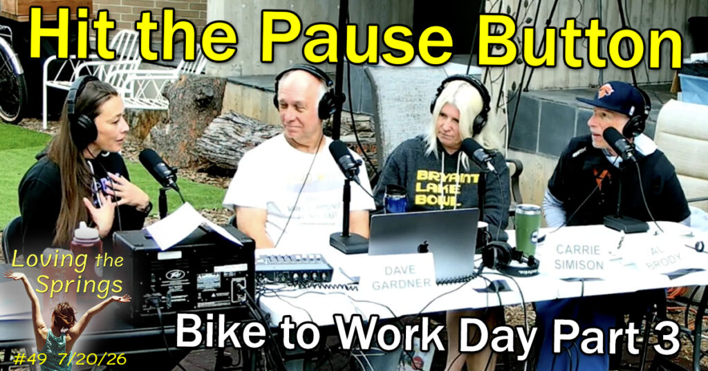 Tara McCarthy, Dave Gardner, Carrie Simison and Al Brody in the live stream booth at the Studio 809 Podcasts Bike to Work Day breakfast station