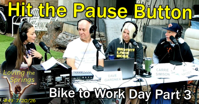 Screenshot Tara McCarthy, Dave Gardner, Carrie Simison and Al Brody in the live stream booth at the Studio 809 Podcasts Bike to Work Day breakfast station