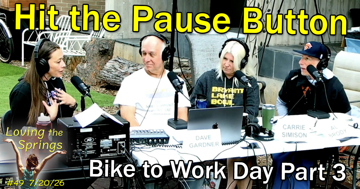 Screenshot Tara McCarthy, Dave Gardner, Carrie Simison and Al Brody in the live stream booth at the Studio 809 Podcasts Bike to Work Day breakfast station