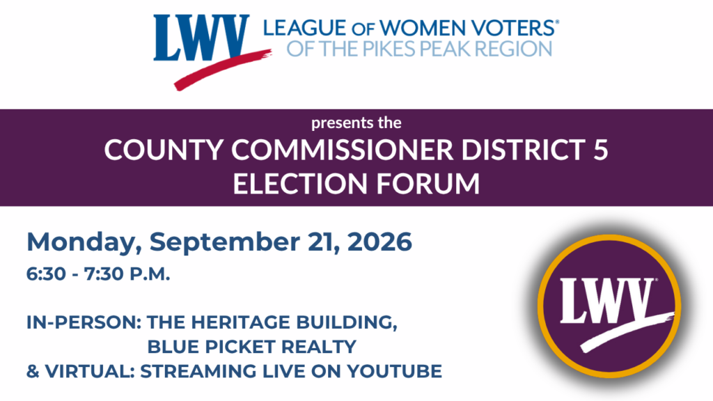 Hear from candidates Yolanda Avila and Lauren Nelson in this forum hosted by the League of Women Voters of the Pikes Peak Region. It was held September 21, 2026 at the Heritage Building - Blue Picket Realty in Colorado Springs.