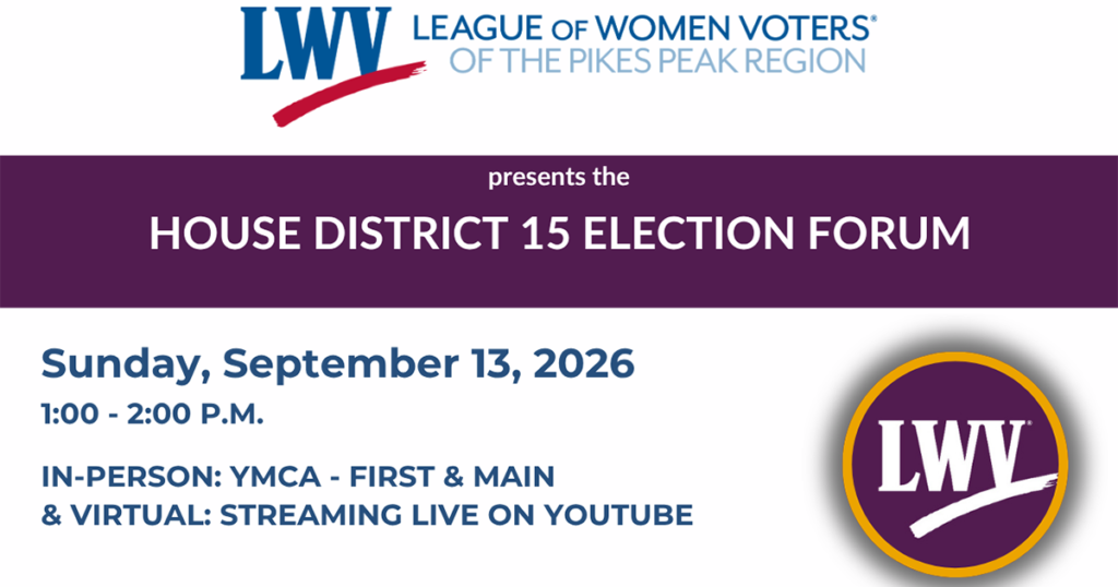 Confirmed participants include Douglas Jones and Jeff Livingston. All candidates running for this office were invited to participate. Pricella Tiegen declined to participate. This forum was held September 13, 2026 at the First & Main YMCA in Colorado Springs.