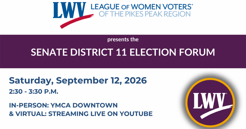 Confirmed participants include Tony Exum, Levon Stilson and Janet Turner. All candidates running for this office were invited to participate. This forum was held September 12, 2026 at the Downtown YMCA in Colorado Springs.